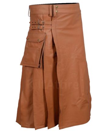 Brown Leather Utility Kilt For Men