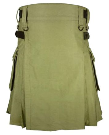 Cotton Olive Green Utility Kilt With Leather Straps
