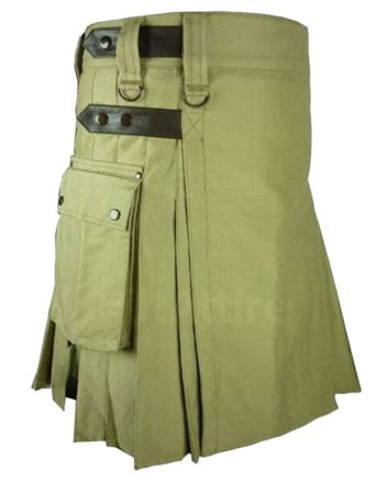 Cotton Olive Green Utility Kilt With Leather Straps