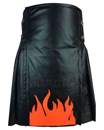 Genuine Fire Flame Black Leather Kilt 