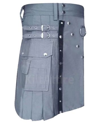 Grey Utility Kilt With Leather Straps