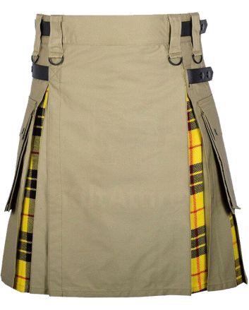 Khaki Cotton Macleod of Lewis Tartan Scottish Utility Cargo Hybrid Kilt