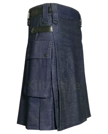 Men Blue Denim Utility Cargo Pockets Kilt