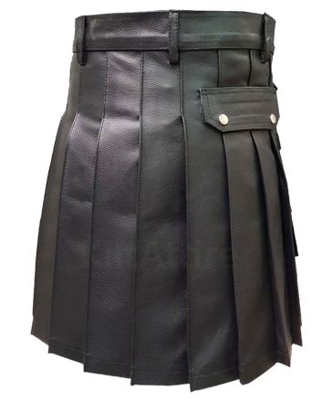 Men Genuine Black Leather Gladiator Pleated Utility LARP Kilt