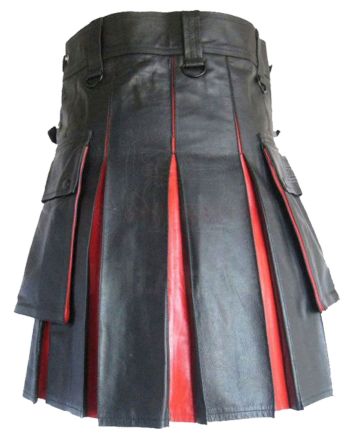 Mens Black And Red Leather Hybrid Kilt