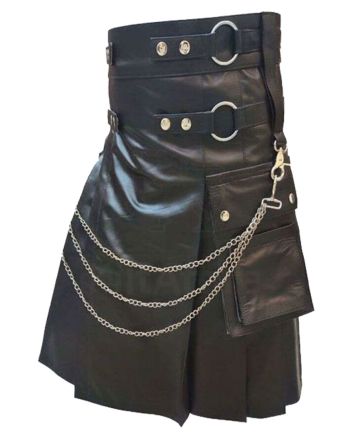 Mens Black Leather Modern Kilt