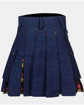 Navy Blue Cotton and Buchanan Tartan Hybrid Kilt