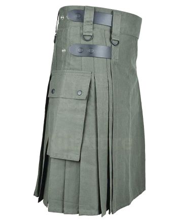 Olive Green Cotton Utility Kilt For Men