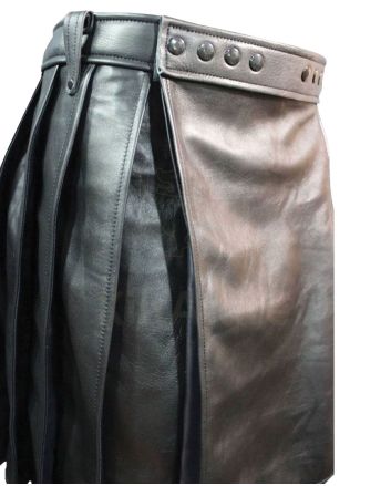 Pleated Black Leather Kilt with Navy Highlights