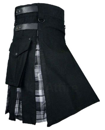 Premium Quality Black Cotton With Black Watch Tartan Hybrid Kilt
