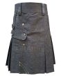 Black Denim Leather Strip Kilt for Men Front
