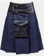Blue Denim Leather Kilt With Leather Pouch