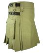 Cotton Olive Green Utility Kilt with Leather Straps Side