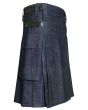 Men Blue Denim Utility Cargo Pockets Kilt Side